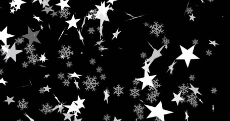 Digital image of multiple stars and snowflakes icons floating against red background