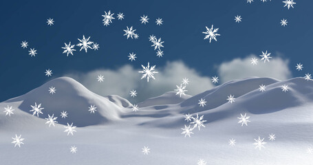 Fototapeta na wymiar Image of snow falling over winter landscape and sky