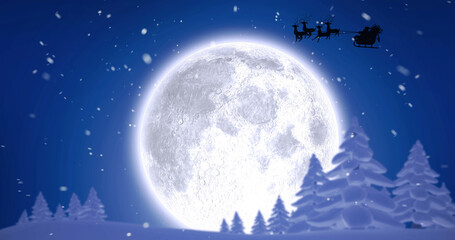 Image of santa claus in sleigh with reindeer over moon and sky