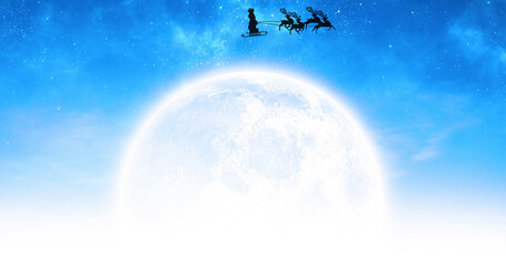 Obraz na płótnie Canvas Image of santa claus in sleigh with reindeer over moon and sky