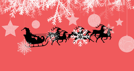 Image of santa claus in sleigh with reindeer over snow falling on red background