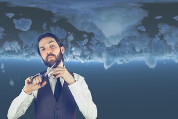 Caucasian male businessman cutting his beard against upside down icebergs with copy space © vectorfusionart