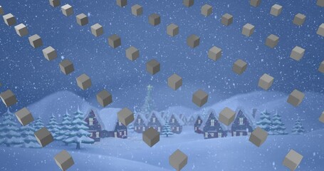 Animation of rows of cubes pattern and christmas snow falling over winter scenery - Powered by Adobe