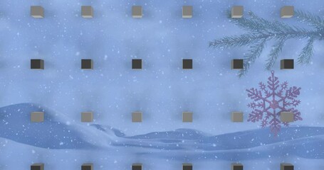 Animation of rows of cubes pattern and christmas snow falling over winter scenery - Powered by Adobe