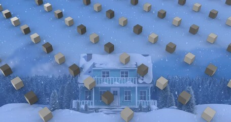 Animation of rows of cubes pattern and christmas snow falling over winter scenery - Powered by Adobe