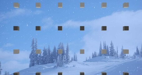 Animation of rows of cubes pattern and christmas snow falling over winter scenery - Powered by Adobe