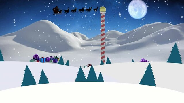 Santa and his sleigh flying over a snowy landscape with a pole and gifts