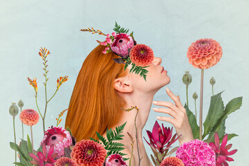 Naklejka premium Exclusive magazine picture sketch collage image of adorable lady flowers cover face isolated painting background