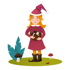 Cute Garden Gnome Vector Illustration on White. Cute fairytale character. Bundle of lawn ornaments or decorations. Flat cartoon vector illustration.