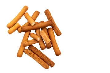 Small bread sticks on a white background. Grissini