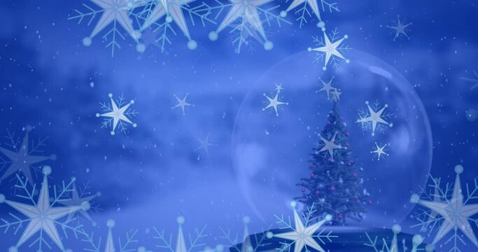 Animation of star icons floating over christmas tree in a snow globe against winter landscape