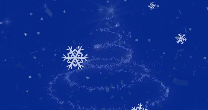 Animation of snowflakes and confetti falling over shooting star forming a christmas tree