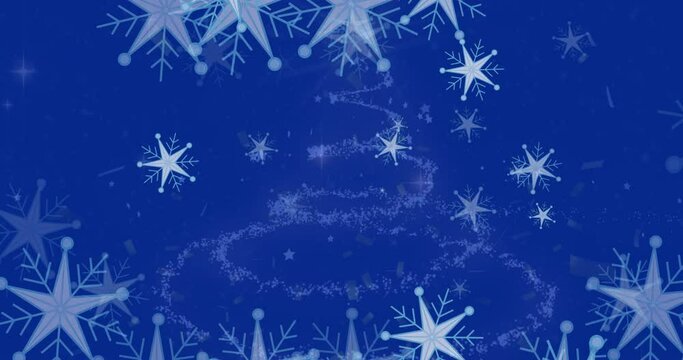 Animation of snowflakes and confetti falling over shooting star forming a christmas tree