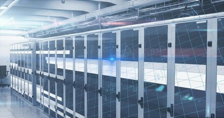 Animation of mathematical equations over grid network and light trails against computer server room - Powered by Adobe
