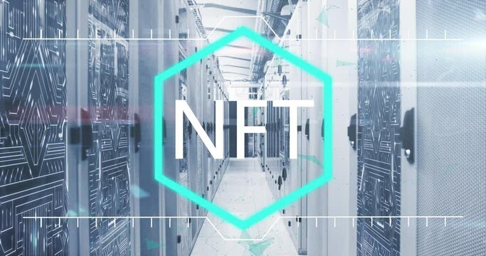 Animation of nft text over neon hexagonal banner and mathematical equations against server room