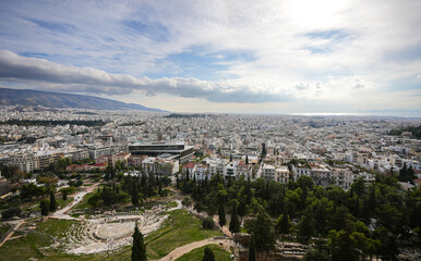 Athens from above. Detail aerial view of the ancient city center of Athens from Acropole during a sunny day in Greece.