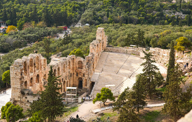 Athens from above. Detail aerial view of the ancient city center of Athens from Acropole during a sunny day in Greece.