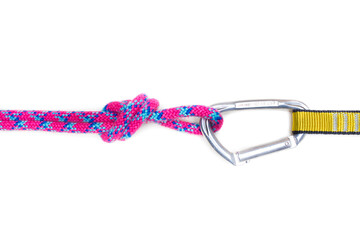 Rope with knot in carabiner with quickdraw on white background