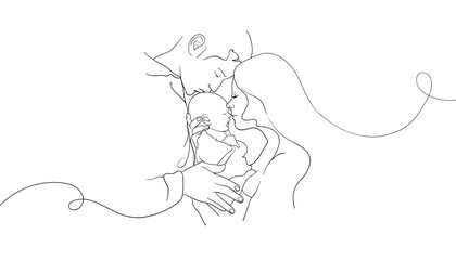 Continuous one line drawing of a family with newborn on white background. Baby background vector illustration. Motherhood template design. Happy family outline