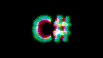 cybernetic text C# with massive chromatic aberrations distortion, isolated - object 3D rendering