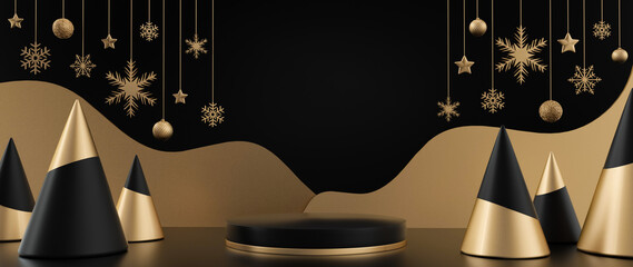 Modern, Trendy Black And Golden Podium / Stage With Christmas Trees And Hanging Decorations. Empty Space New Year Background - 3D Illustration