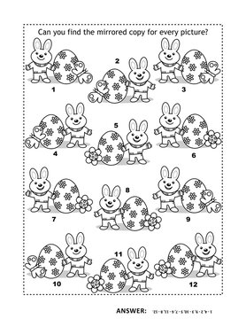 Easter visual puzzle with bunnies, painted eggs, flowers, butterflies: Can you find the mirrored copy for every picture? Answer included.
