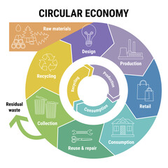 Circular economy line infographic on colorful diagram. Sustainable business model. Scheme of product life cycle from raw material to production, using, recycling. Flat line vector illustration