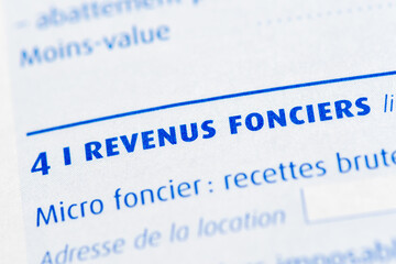 Impôts France: Détail d'une déclaration de revenus française avec un gros plan sur la rubrique des revenus fonciers - obrazy, fototapety, plakaty
