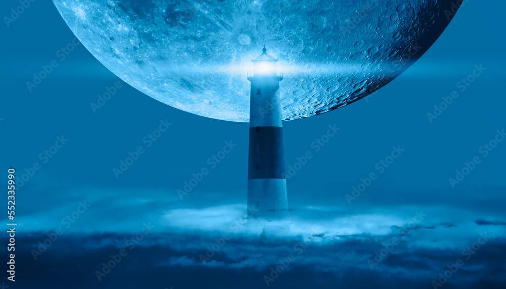 Poster night sky with super full moon in the clouds, on the foreground lighthouse 