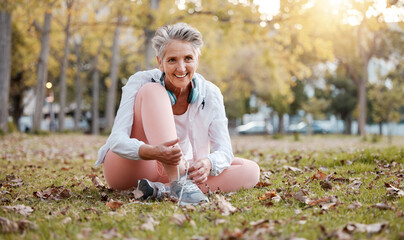 Fitness, shoes and old woman in park for workout, cardio training or morning running. Happy senior...