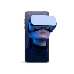 Woman in a smartphone experiencing immersive virtual reality