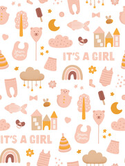 Its a girl pattern. Cute pink kids baby doodle. Nursery background for  baby shower, fabric or scrapbook