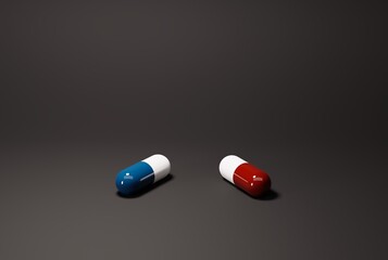 Pills, capsules in blue and red. The concept of making a choice, choosing one's path in life, making heavy dilemmas. 3D render, 3D illustration.