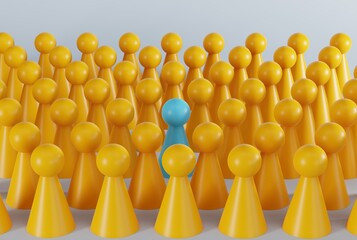 Yellow and blue pawns. Diversity, racism and discrimination issues concept. Creative activities and team work. 3D render, 3D illustration.