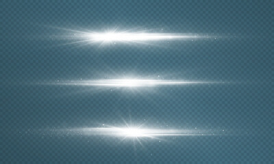 Set of white horizontal lens flares, laser beams. Luminous abstract sparkling lines. Silver glowing star light explodes.