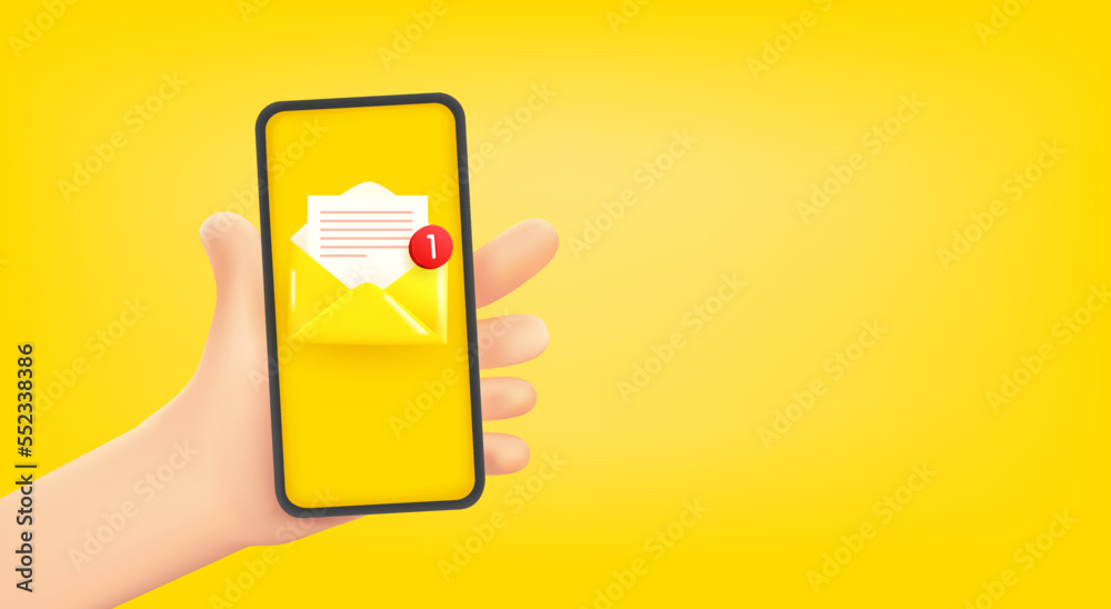 Poster Man holding smartphone with new email. 3d vector banner with copy space