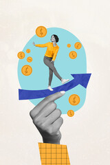 Creative photo 3d collage artwork postcard poster picture of young woman human hand business growth isolated on painting background