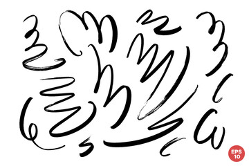 Marker drawn scribble vector set. Childish drawing. Hand draws calligraphy swirls. Curly brush strokes, marker scrawls as graphic design elements set.