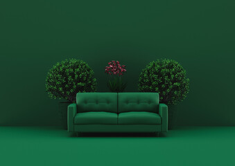 Couch in all green color with yellow flowers and analoge color theme. 3d visualization for creative purposes