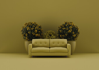Couch in all yellow color with yellow flowers and analoge color theme. 3d visualization for creative purposes