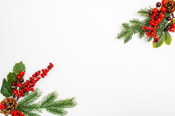 Christmas background with fir tree on white background. Frame for text, top view
