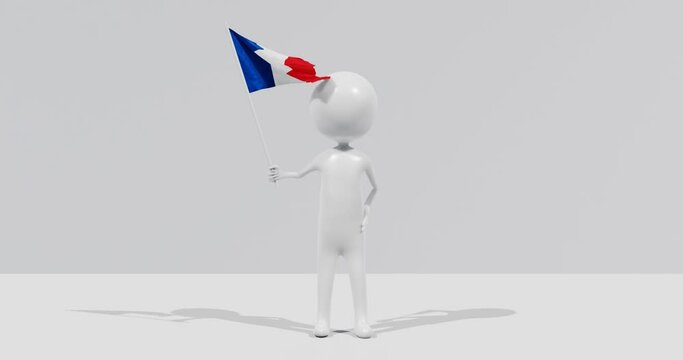 Flag of France. 3D Character holding and waving flag 4K UHD 60FPS