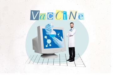 Creative collage picture of confident mini doctor crossed arms retro pc screen glass vaccine bottle isolated on drawing background