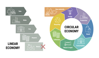 Comparison of linear and circular economy infographic. Scheme of product life cycle from raw material to production, consumption and recycling instead of waste. Flat line vector illustration - obrazy, fototapety, plakaty