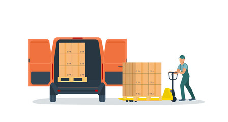 A worker loads a van using a hand pallet truck. Vector illustration. © lyudinka