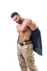 Muscular bodybuilder undressing, opening shirt on nude torso