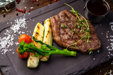 Black Angus New York steak. Marbled beef sirloin from Uruguay. Delicious healthy traditional food...