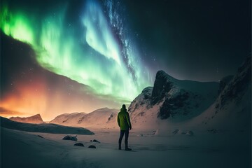 une personne seule dans la neige regarde les aurores boréales au dessus des montagnes enneigées