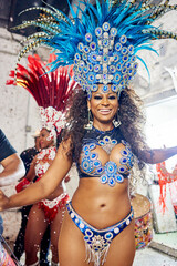 Brazil festival, dance party and portrait for music carnival celebration, samba dancer performance or happy black woman in rio de janeiro. Celebrate new years, salsa dancing and artist social event
