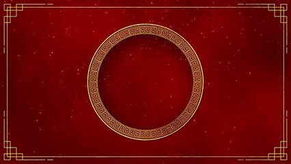 Motion graphic of Golden circle frame with chinese new year and year of the Rabbit 2023 on dark red background and glitter particle in a happy new year concept abstract background seamless loop video